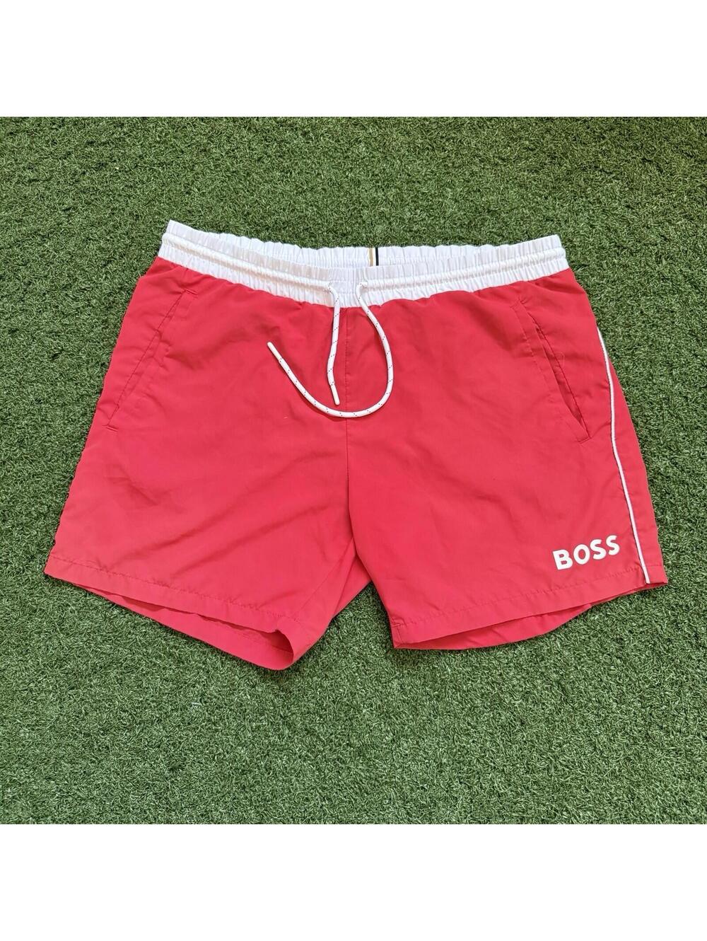 Hugo Boss Swim Trunks Red White Logo Beach Shorts Small Mesh Lined Summer Preppy